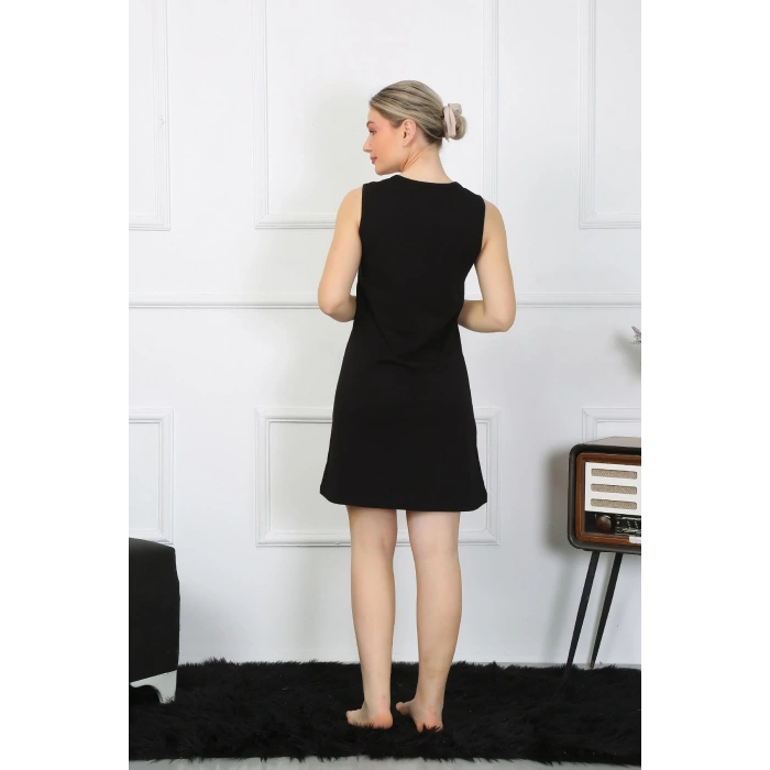 Moda Çizgi Kadın Kalın Askılı Penye Diz Üstü Siyah Gecelik 11310