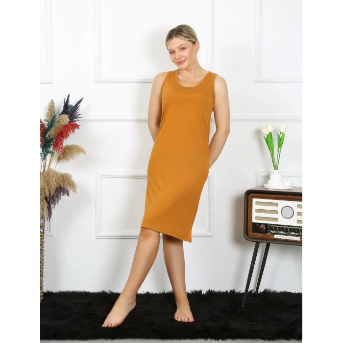 Moda Çizgi Kadın Kalın Askılı Penye Gecelik Hardal 14001