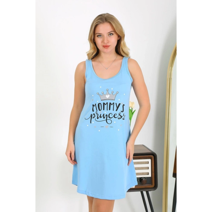 Moda Çizgi Kadın Kalın Askılı Penye Gecelik Mavi 1777