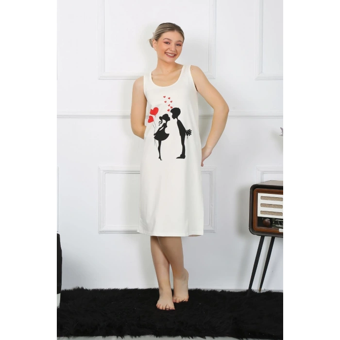 Moda Çizgi Kadın Kalın Askılı Penye Uzun Ekru Gecelik 12001