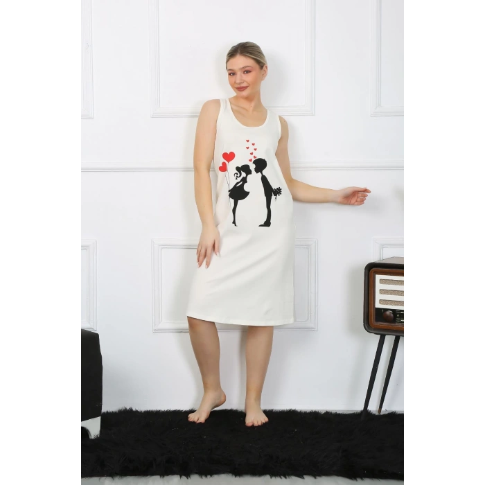 Moda Çizgi Kadın Kalın Askılı Penye Uzun Ekru Gecelik 12001