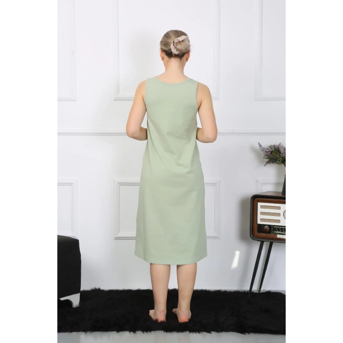 Moda Çizgi Kadın Kalın Askılı Penye Uzun Fıstık Yeşili Gecelik 12001