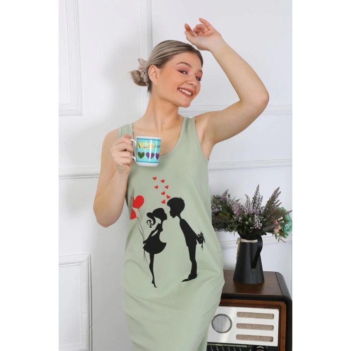 Moda Çizgi Kadın Kalın Askılı Penye Uzun Fıstık Yeşili Gecelik 12001