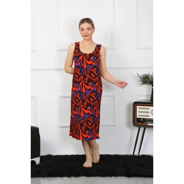 Moda Çizgi Kadın Kalın Askılı Penye Uzun Gecelik 12003