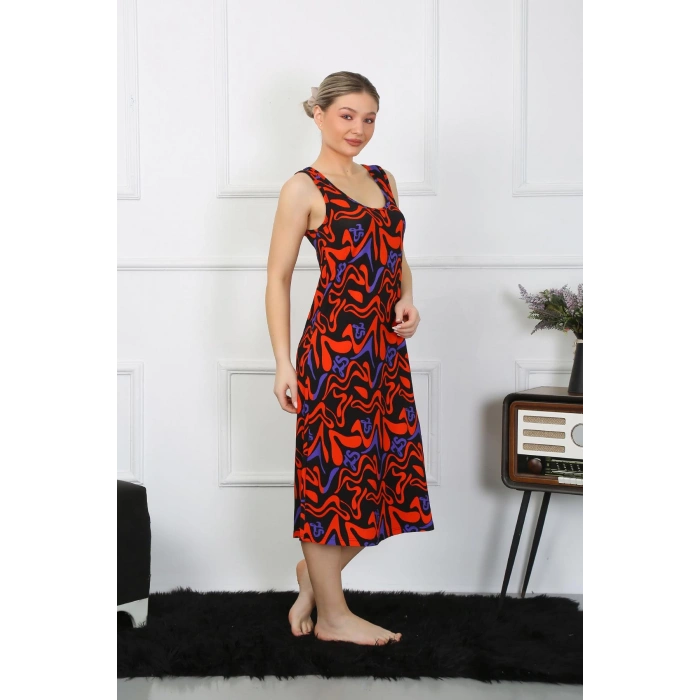 Moda Çizgi Kadın Kalın Askılı Penye Uzun Gecelik 12003