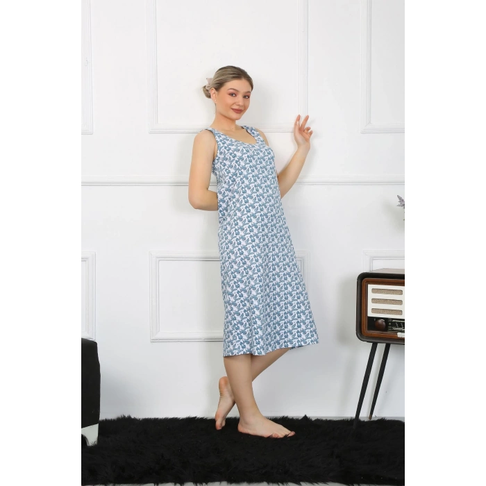 Moda Çizgi Kadın Kalın Askılı Penye Uzun Gecelik 12005