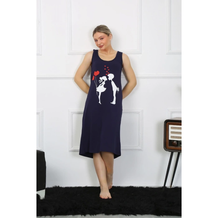 Moda Çizgi Kadın Kalın Askılı Penye Uzun Lacivert Gecelik 12001