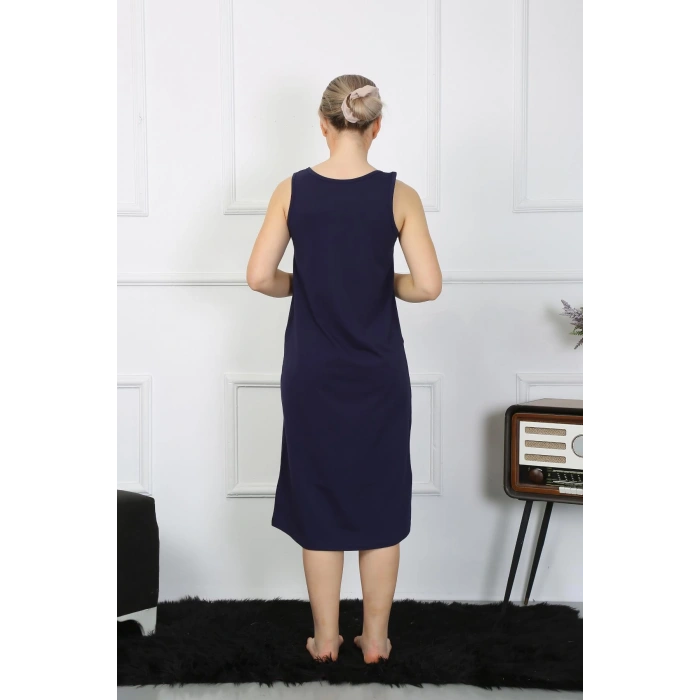 Moda Çizgi Kadın Kalın Askılı Penye Uzun Lacivert Gecelik 12001