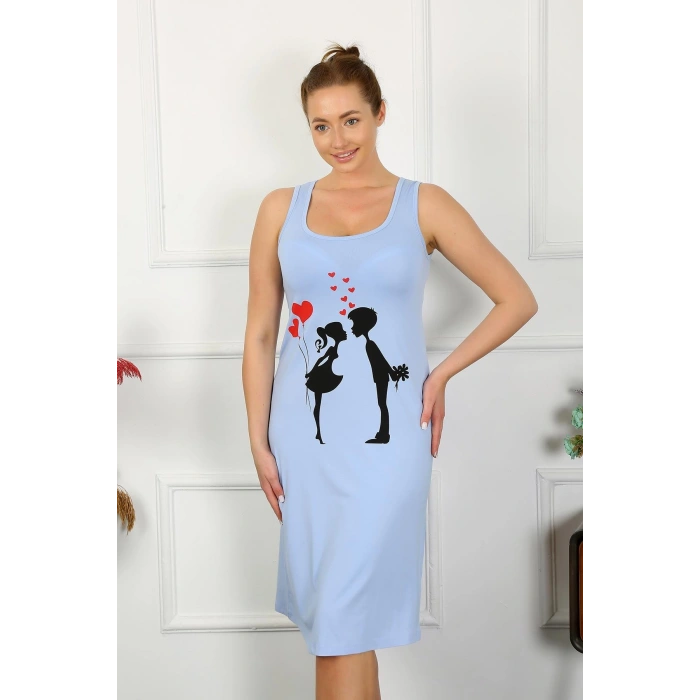 Moda Çizgi Kadın Kalın Askılı Penye Uzun Mavi Gecelik 12001