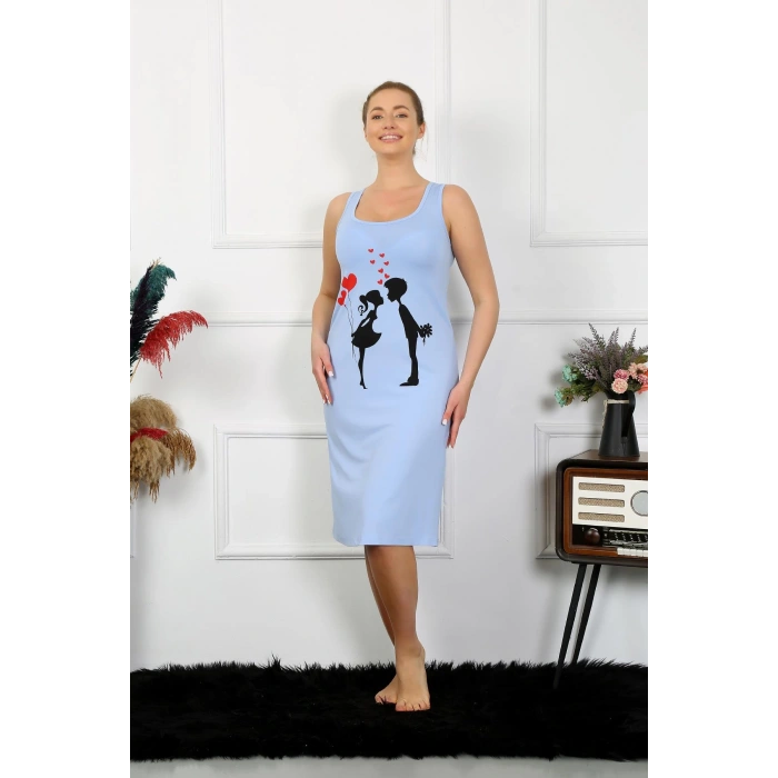 Moda Çizgi Kadın Kalın Askılı Penye Uzun Mavi Gecelik 12001