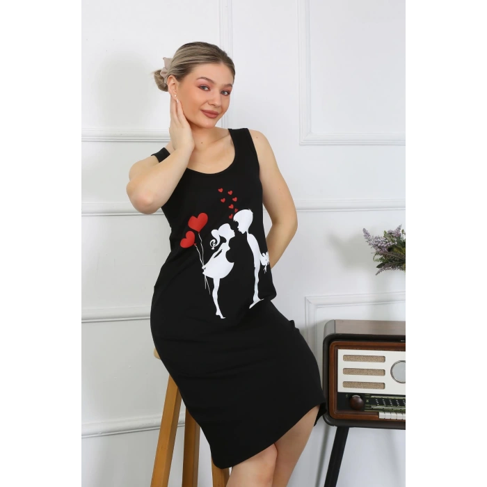 Moda Çizgi Kadın Kalın Askılı Penye Uzun Siyah Gecelik 12001