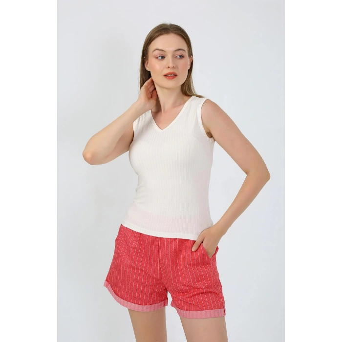 Moda Çizgi Kadın Kalın Askılı Şortlu Pijama Takım Ekru 3632