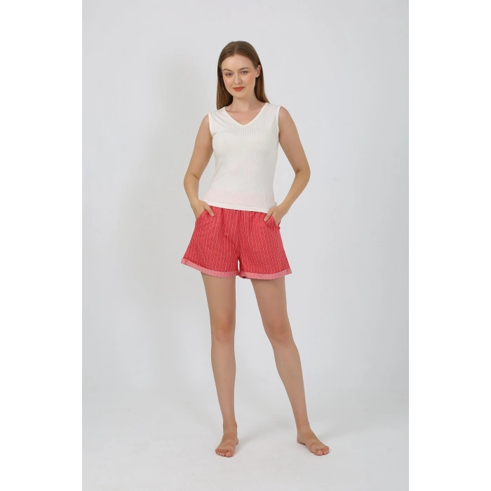 Moda Çizgi Kadın Kalın Askılı Şortlu Pijama Takım Ekru 3632