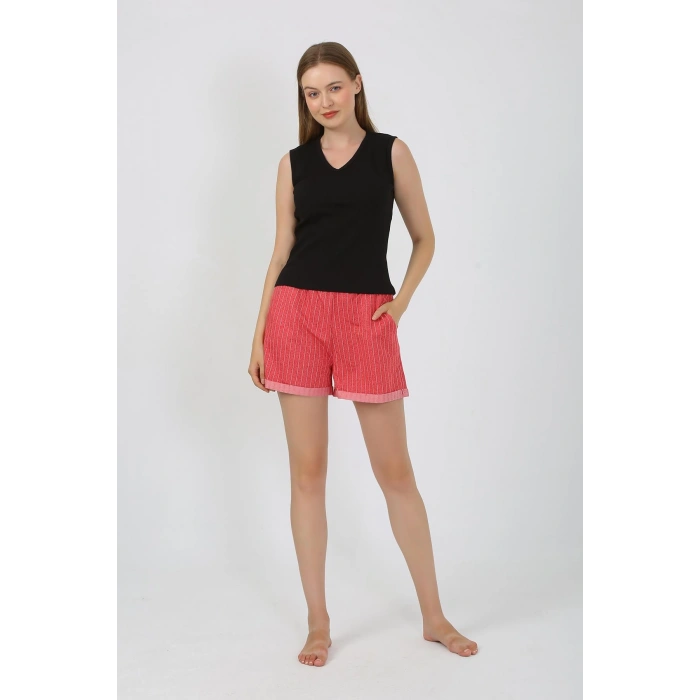 Moda Çizgi Kadın Kalın Askılı Şortlu Pijama Takım Siyah 3632