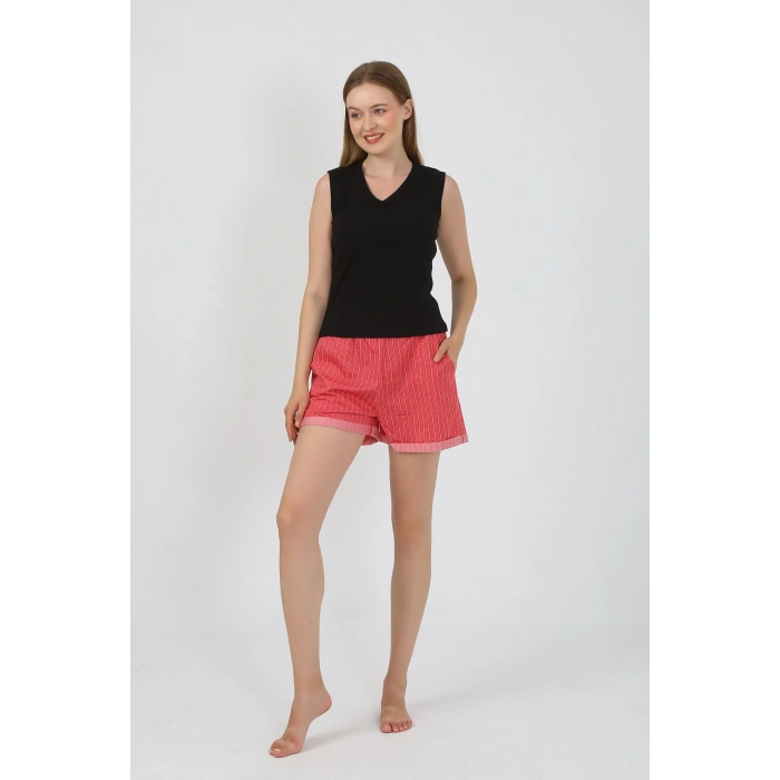 Moda Çizgi Kadın Kalın Askılı Şortlu Pijama Takım Siyah 3632