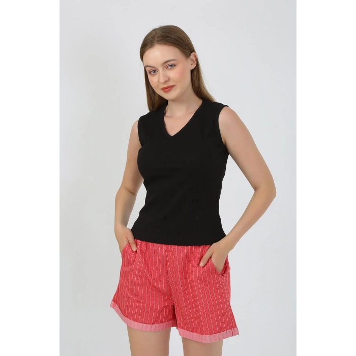 Moda Çizgi Kadın Kalın Askılı Şortlu Pijama Takım Siyah 3632