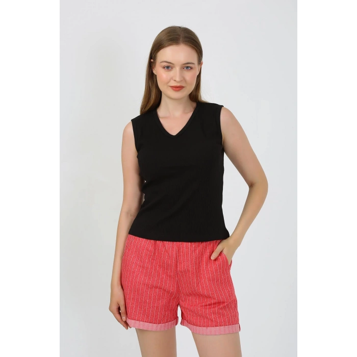 Moda Çizgi Kadın Kalın Askılı Şortlu Pijama Takım Siyah 3632