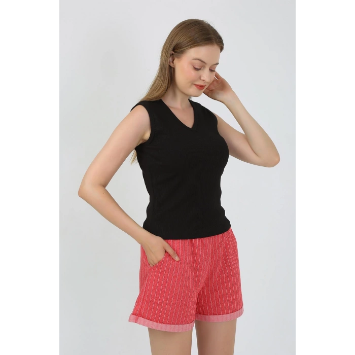 Moda Çizgi Kadın Kalın Askılı Şortlu Pijama Takım Siyah 3632