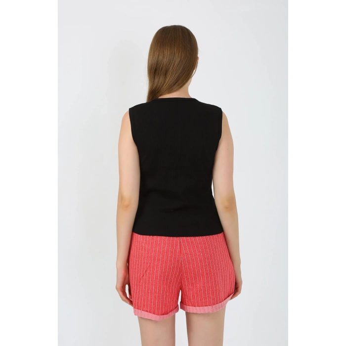 Moda Çizgi Kadın Kalın Askılı Şortlu Pijama Takım Siyah 3632