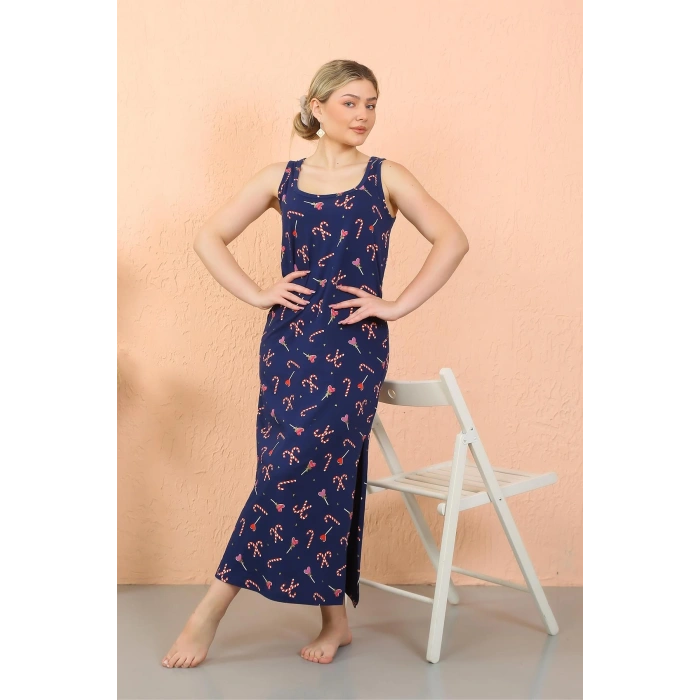 Moda Çizgi Kadın Kalın Askılı Yırtmaçlı Uzun Gecelik 90114