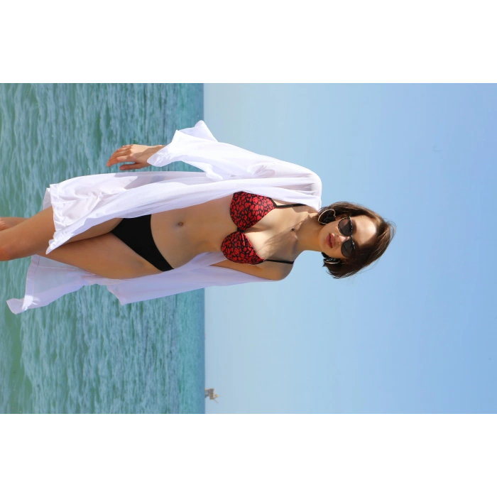 Moda Çizgi Kadın Kimono Pareo Plaj Elbisesi Beyaz 38049