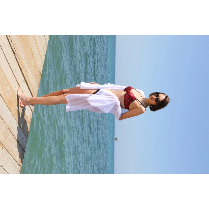 Moda Çizgi Kadın Kimono Pareo Plaj Elbisesi Beyaz 38049