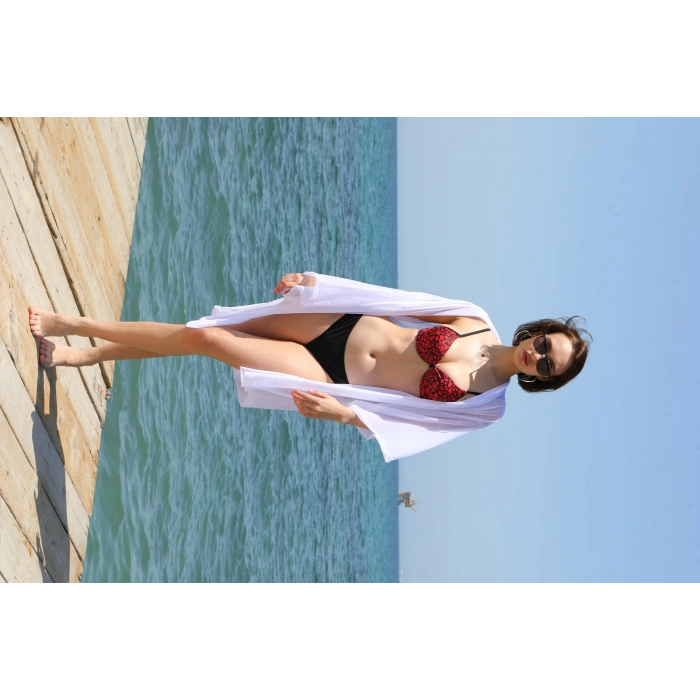 Moda Çizgi Kadın Kimono Pareo Plaj Elbisesi Beyaz 38049