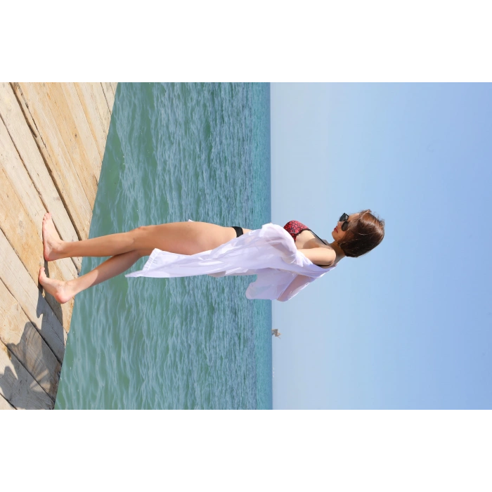 Moda Çizgi Kadın Kimono Pareo Plaj Elbisesi Beyaz 38049