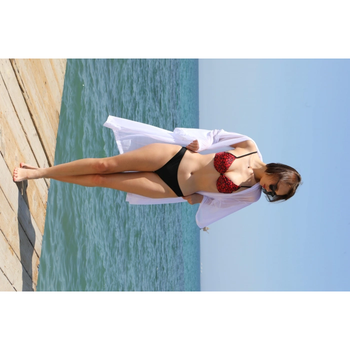 Moda Çizgi Kadın Kimono Pareo Plaj Elbisesi Beyaz 38049