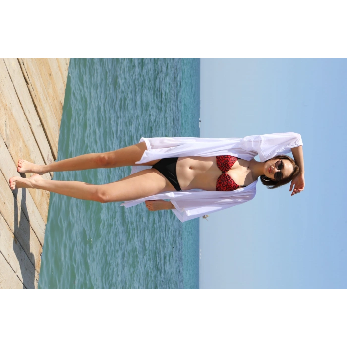 Moda Çizgi Kadın Kimono Pareo Plaj Elbisesi Beyaz 38049