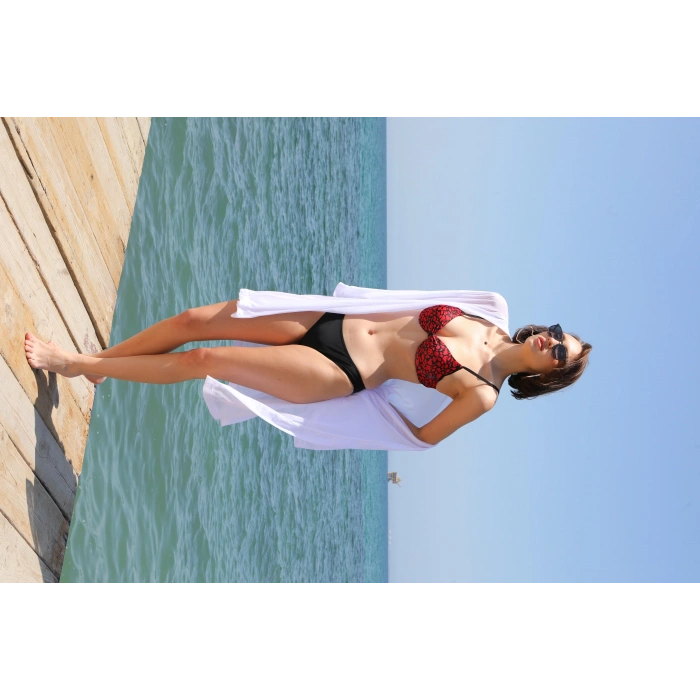 Moda Çizgi Kadın Kimono Pareo Plaj Elbisesi Beyaz 38049