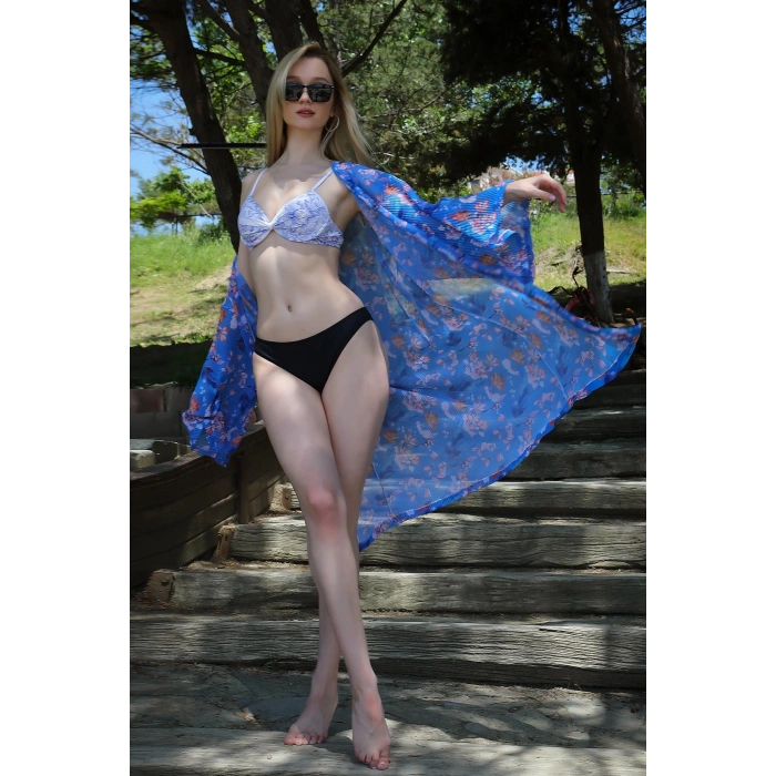 Moda Çizgi Kadın Kimono Pareo Plaj Elbisesi Mavi 38040