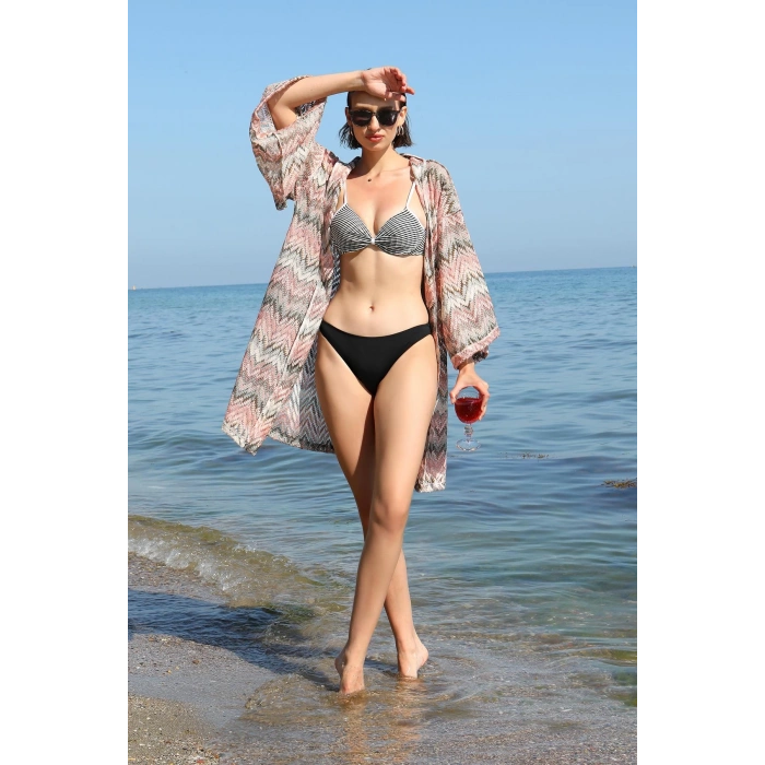 Moda Çizgi Kadın Kimono Pareo Plaj Elbisesi Sütlü Kahve 38040