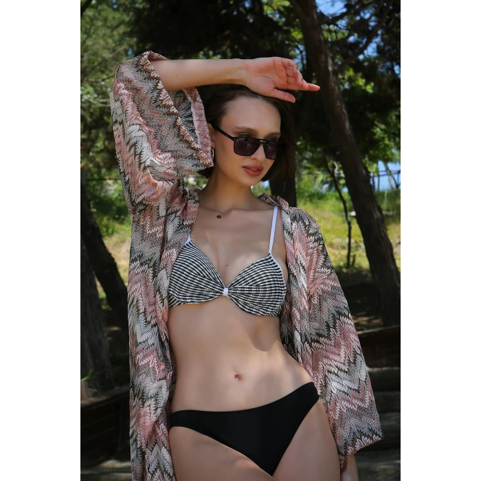 Moda Çizgi Kadın Kimono Pareo Plaj Elbisesi Sütlü Kahve 38040