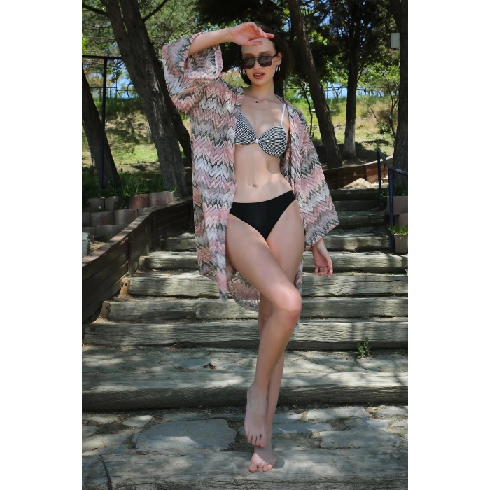 Moda Çizgi Kadın Kimono Pareo Plaj Elbisesi Sütlü Kahve 38040