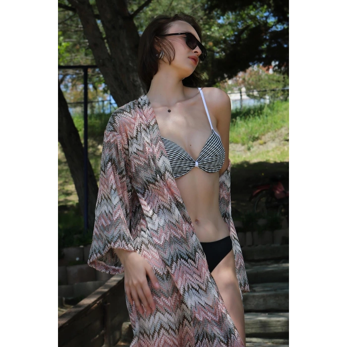 Moda Çizgi Kadın Kimono Pareo Plaj Elbisesi Sütlü Kahve 38040