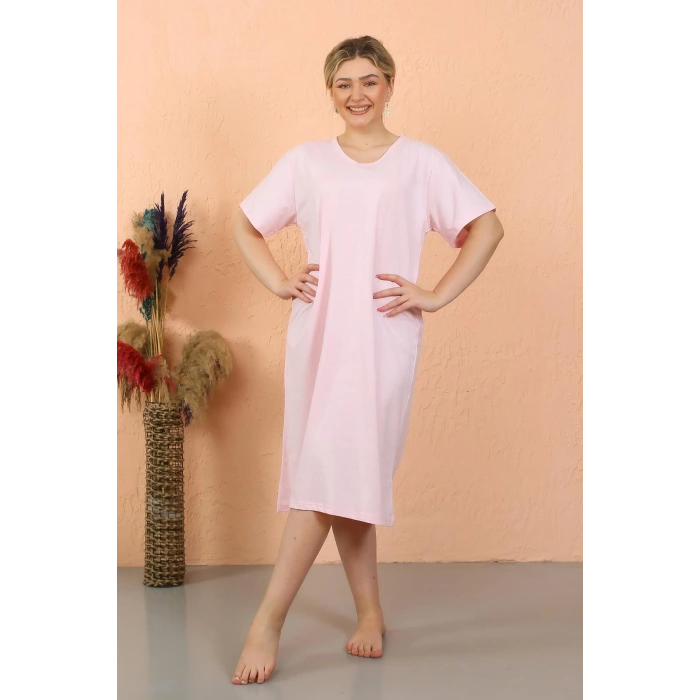 Moda Çizgi Kadın Kısa Kol Diz Altı Over Size Pembe Ev Elbisesi - Geceliği 93410