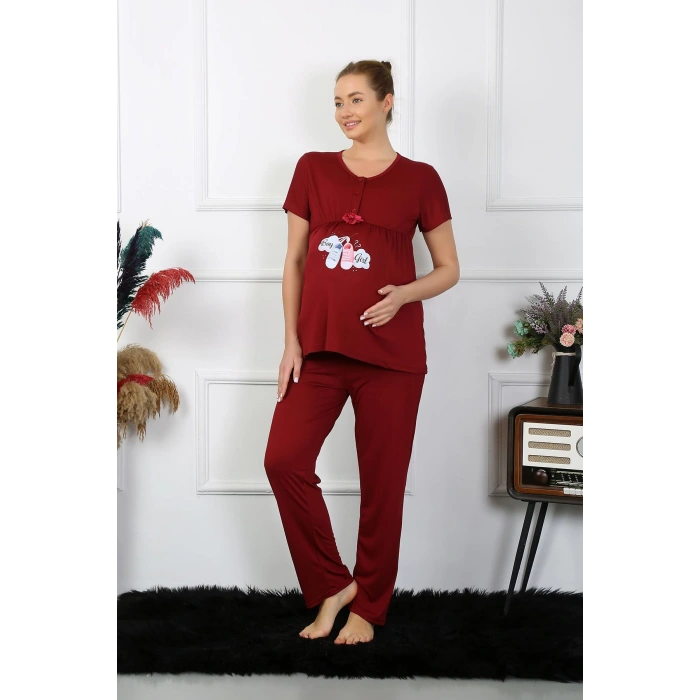 Moda Çizgi Kadın Kısa Kol Hamile Lohusa Pijama Takımı Bordo 45210