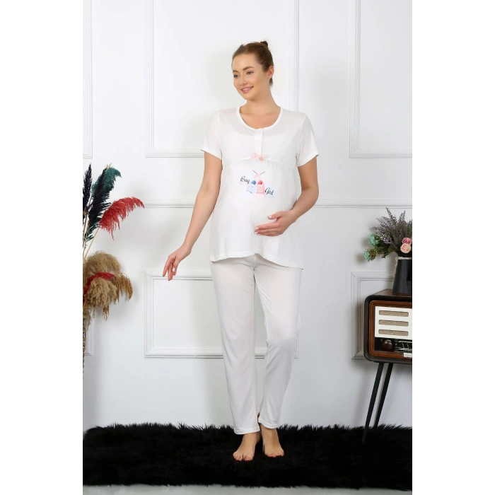Moda Çizgi Kadın Kısa Kol Hamile Lohusa Pijama Takımı Ekru 45210
