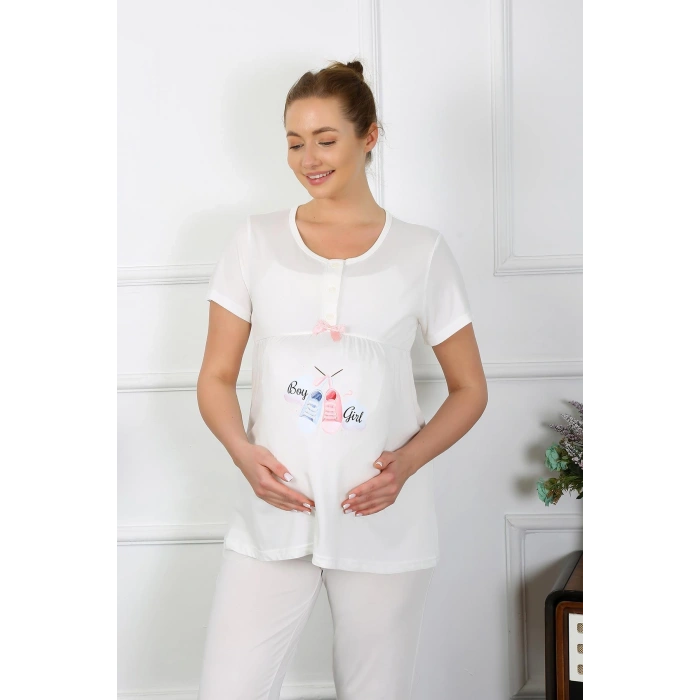 Moda Çizgi Kadın Kısa Kol Hamile Lohusa Pijama Takımı Ekru 45210