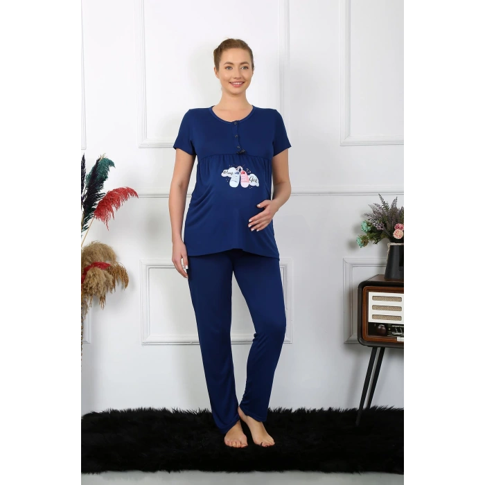 Moda Çizgi Kadın Kısa Kol Hamile Lohusa Pijama Takımı Lacivert 45210