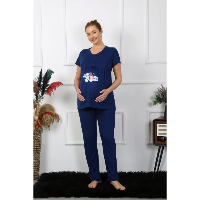 Moda Çizgi Kadın Kısa Kol Hamile Lohusa Pijama Takımı Lacivert 45210