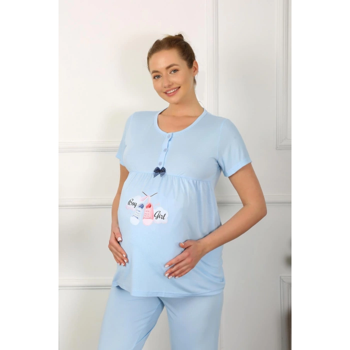 Moda Çizgi Kadın Kısa Kol Hamile Lohusa Pijama Takımı Mavi 45210