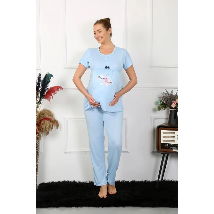Moda Çizgi Kadın Kısa Kol Hamile Lohusa Pijama Takımı Mavi 45210