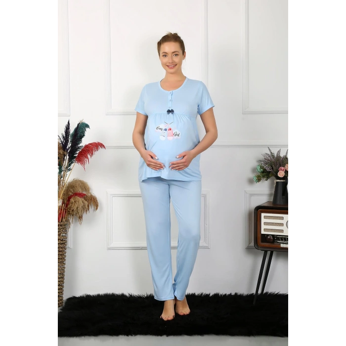 Moda Çizgi Kadın Kısa Kol Hamile Lohusa Pijama Takımı Mavi 45210