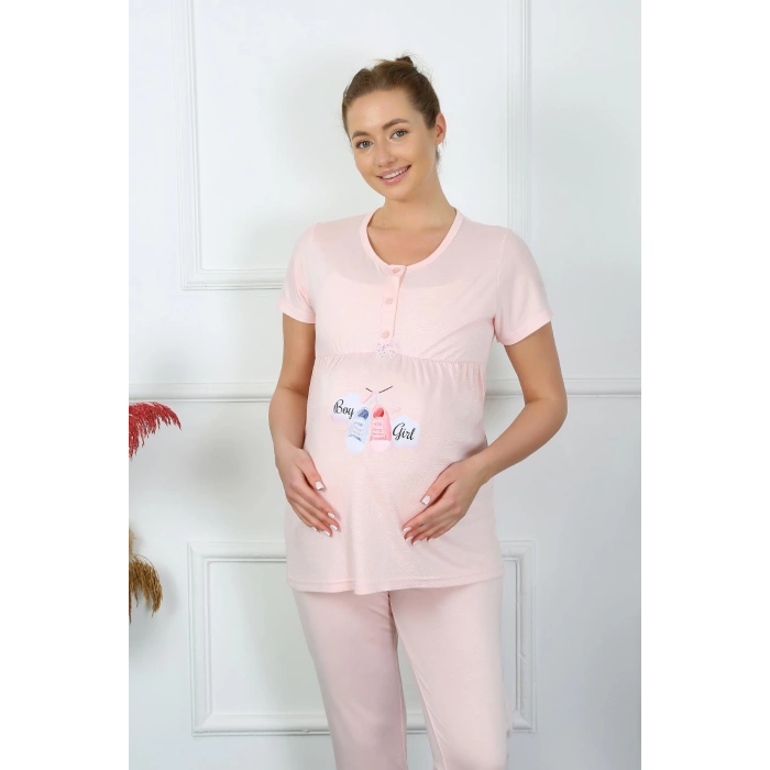Moda Çizgi Kadın Kısa Kol Hamile Lohusa Pijama Takımı Pudra 45210