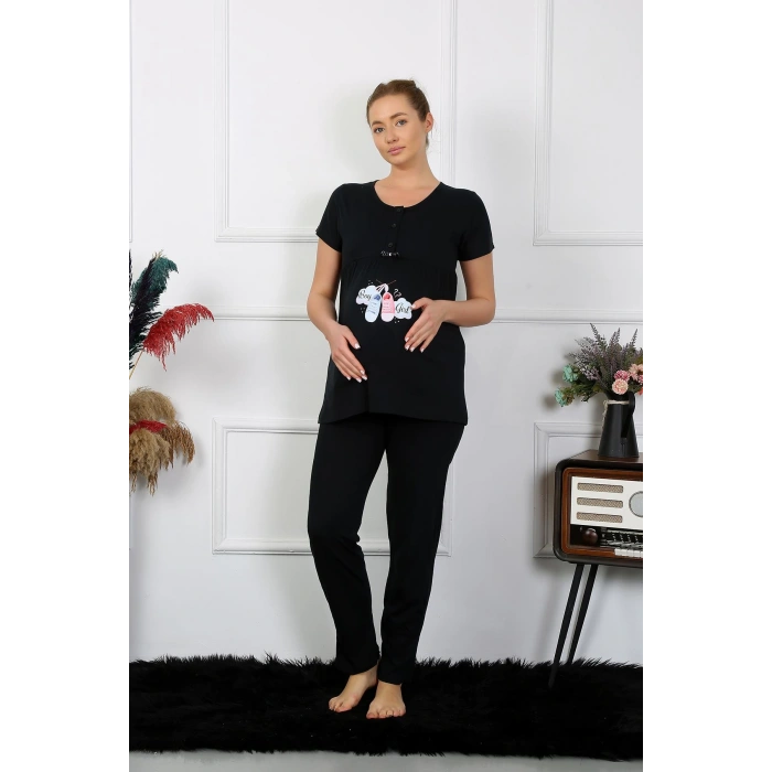 Moda Çizgi Kadın Kısa Kol Hamile Lohusa Pijama Takımı Siyah 45210