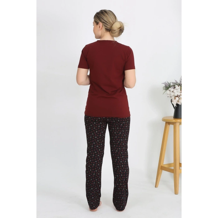Moda Çizgi Kadın Kısa Kol Pamuk Penye Pijama Takım Bordo 4214