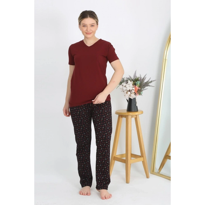 Moda Çizgi Kadın Kısa Kol Pamuk Penye Pijama Takım Bordo 4214