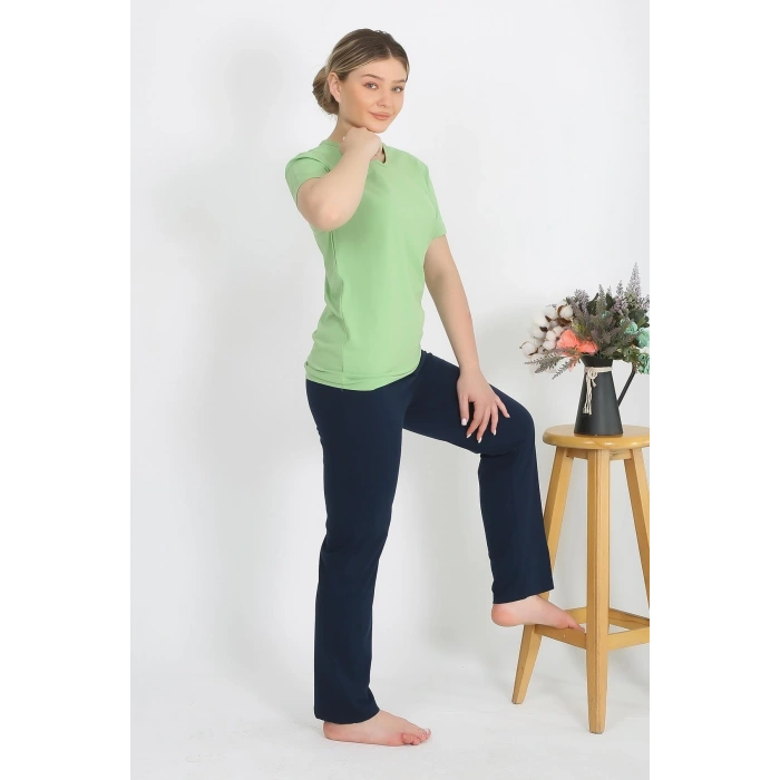 Moda Çizgi Kadın Kısa Kol Pamuk Penye Pijama Takım Fıstık Yeşili 4215